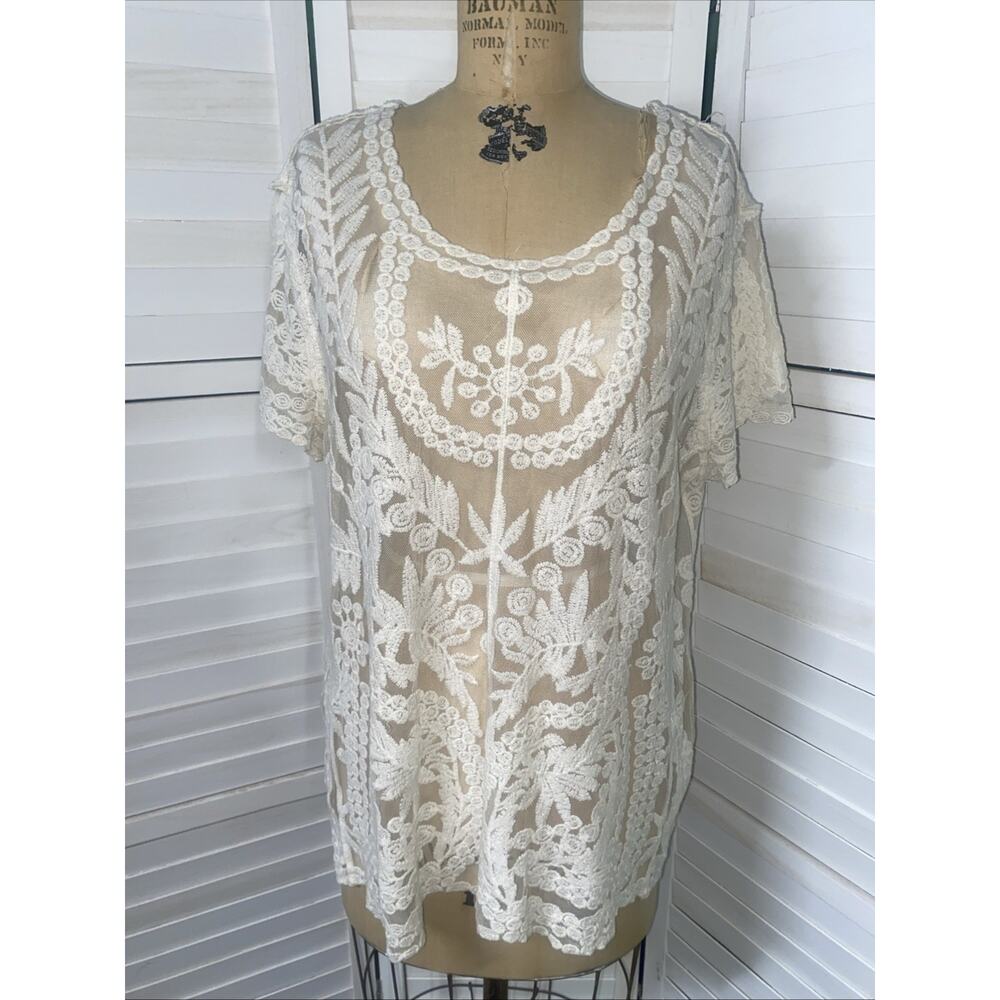 Cato Woman Lace Cream Sheer Top Blouse Shirt Tunic Short Sleeve Sz 18/20